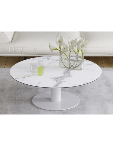 UNA - Table basse extensible plateau céramique pied acier métal laqué blanc