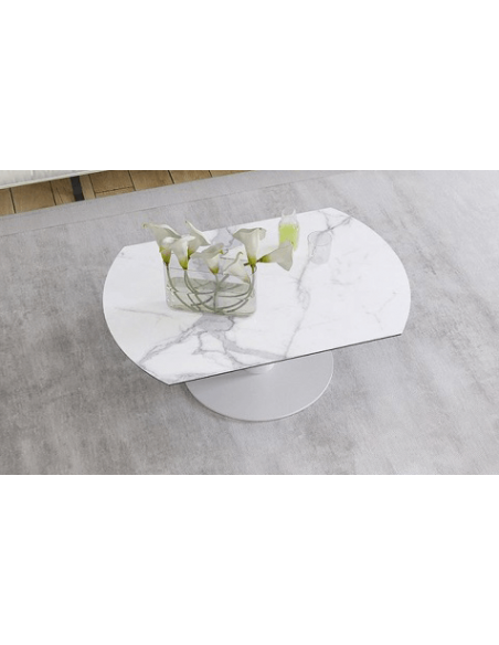 UNA - Table basse extensible plateau céramique pied acier métal laqué blanc
