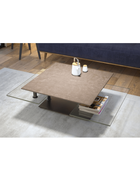 QUAD - Table basse plateaux pivotants céramique ou verre avec piètement acier