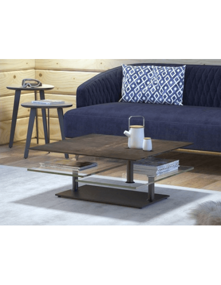 QUAD - Table basse plateaux pivotants céramique ou verre avec piètement acier