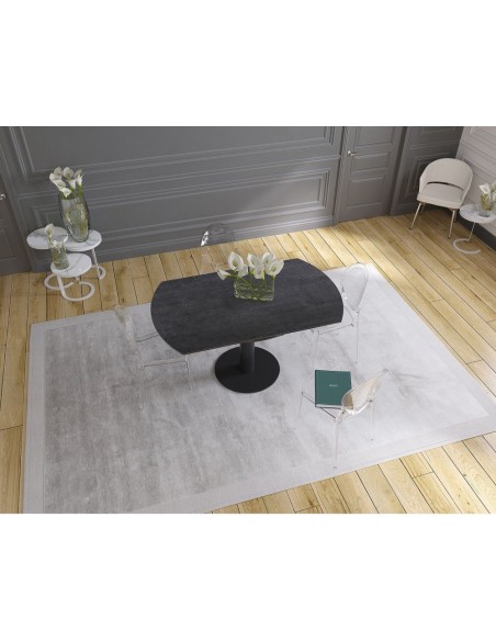 UNA - Table de repas extensible deux allonges intégrées pied central acier laqué noir