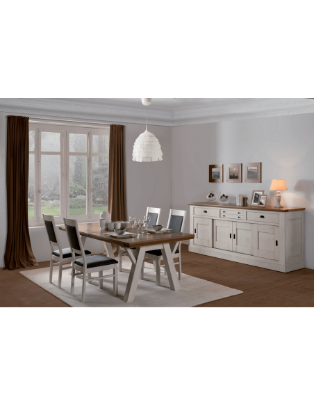 CANTIQUE - Table de séjour rectangulaire 1 allonge de 95 cm sur tréteaux chêne massif