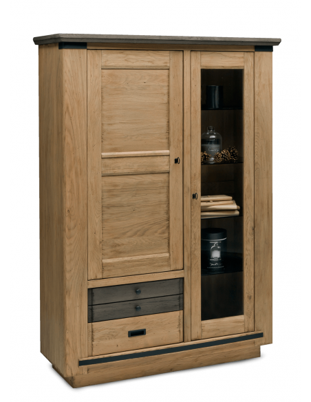 ANGEL - Vitrine 1 porte vitrée 1 porte bois 2 tiroirs chêne massif