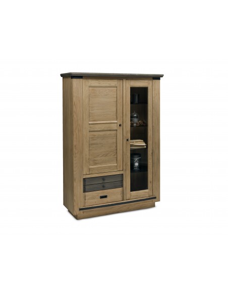 ANGEL - Vitrine 1 porte vitrée 1 porte bois 2 tiroirs chêne massif